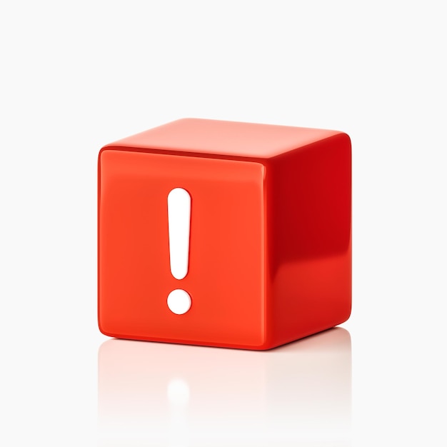 Red exclamation mark attention 3d cube icon warning message of faq solution important notice symbol or alert danger caution risk object sign and information error problem isolated on white background