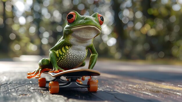 Photo red eyed frog on skateboard