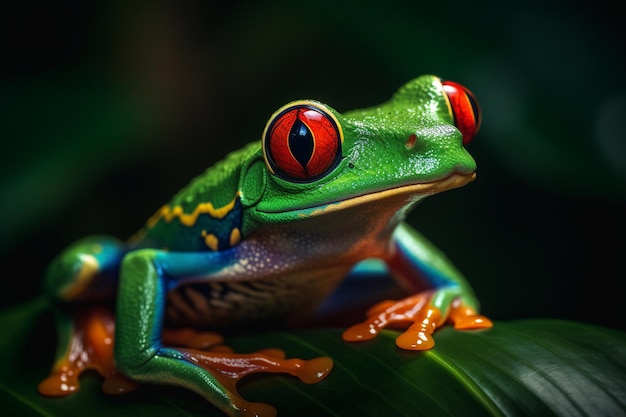 A red eyed tree frog sits on a leaf.