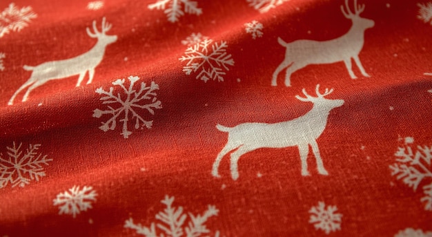 Photo red fabric featuring white reindeer and snowflakes for festive holiday decorations