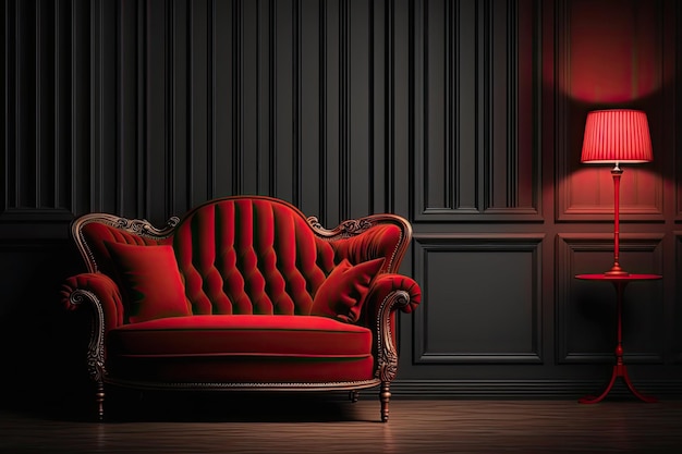 Red fabric sofa with black antique wall paneling in a dimly lit room a chair in a dim room