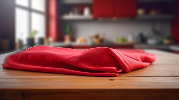 Red fabriccloth on wood table top