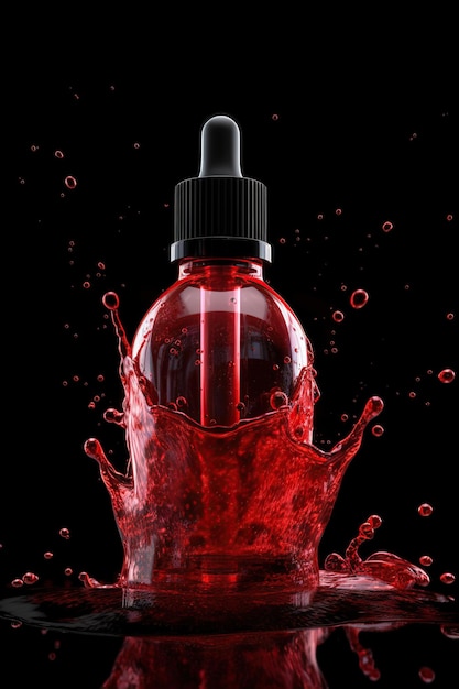 Red face serum with splash on black background an essential oil in a moisturizing facial skincare product AI Generative