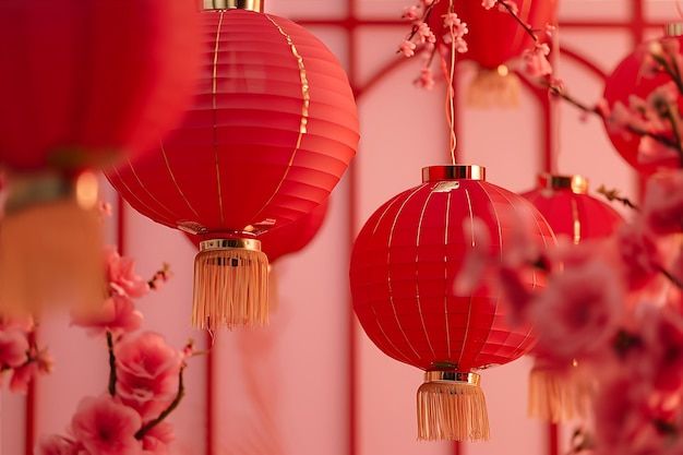 Red Fans and Chinese Lanterns Hanging from a Pin