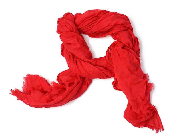 Red fashion cotton red scarf isolated on white surface, accessory knotted, top view