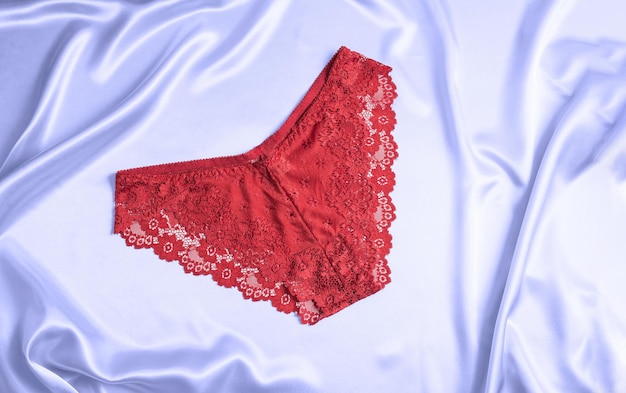 Red female lace panties on a beautiful background. Women's accessories.