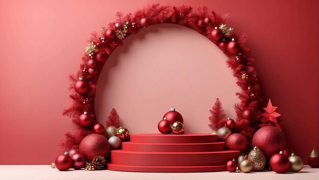 Red festive podium decoration with New Year's attributes Christmas treestoystinselGenerative AI