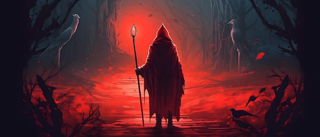 A red figure in a dark forest with a spear in his hand.