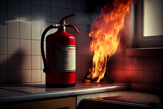 Red fire extinguisher puts out the fire in the kitchen illustration Generative AI