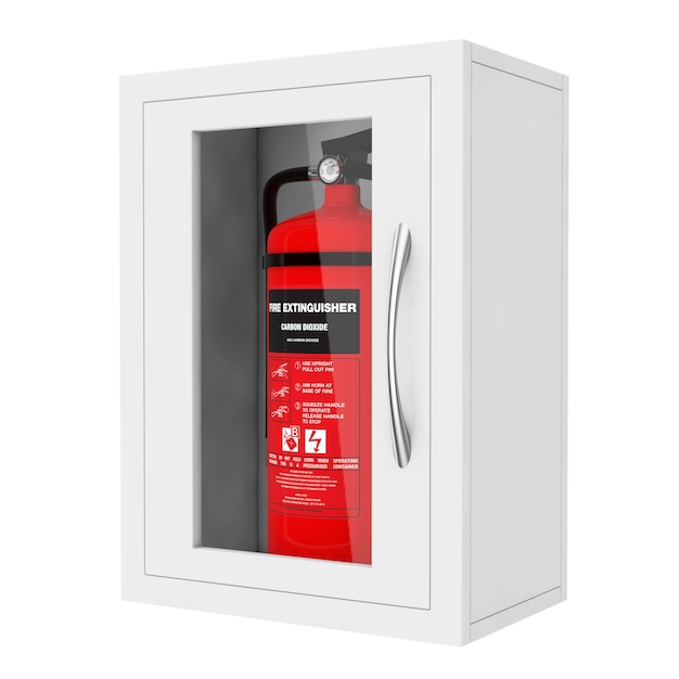 Red Fire Extinguisher in a Wall Mounted Emergency Storage Box on a white background. 3d Rendering