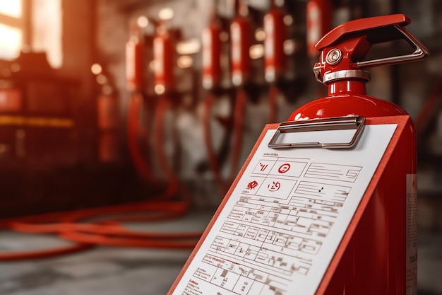 Photo red fire extinguisher with inspection checklist