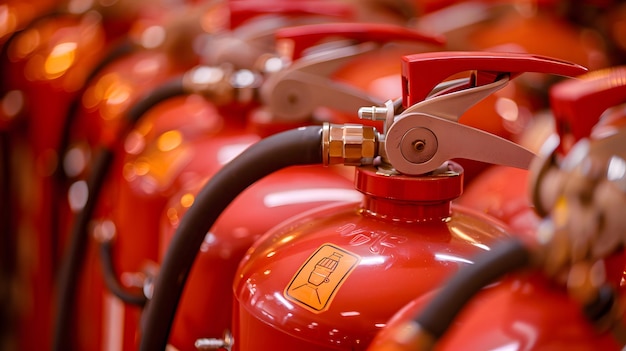 a red fire extinguisher with a yellow logo on the top