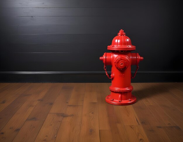 A red fire hydrant on a floor with a plain wall in the background