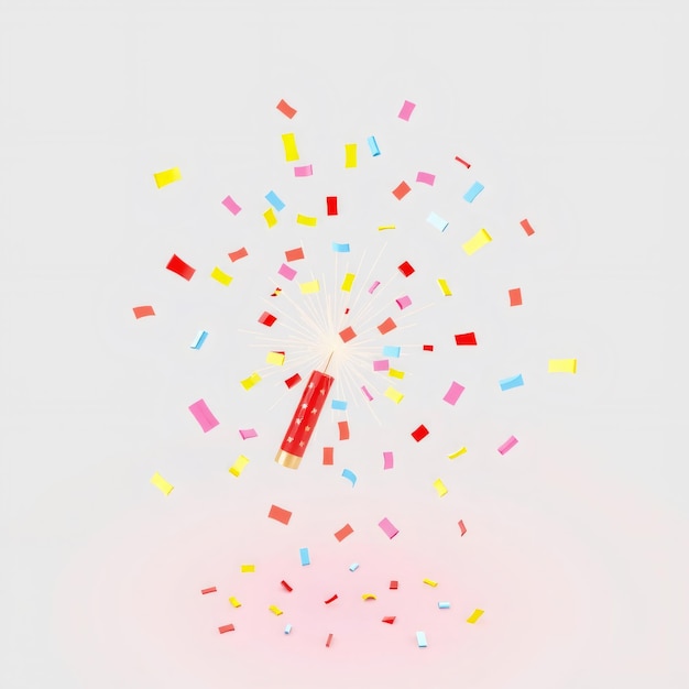 Photo red firecracker with colorful confetti on light pink background