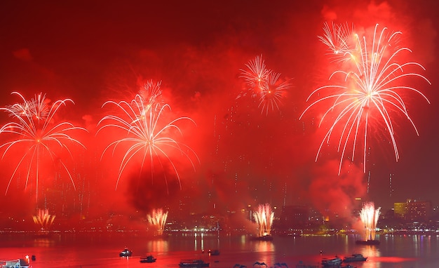 Red fireworks over Lake