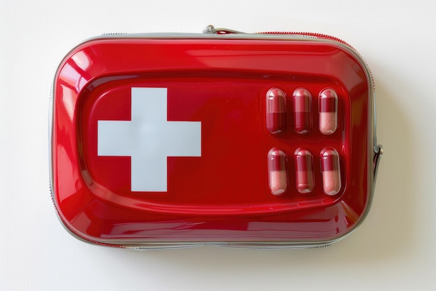 Red first aid kit isolated on white top view Red first aid kit isolated on white