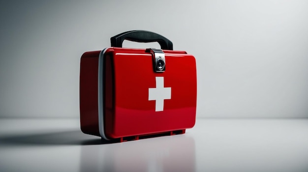 Photo red first aid kit on white surface