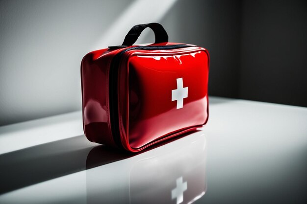 Photo red first aid kit on white surface