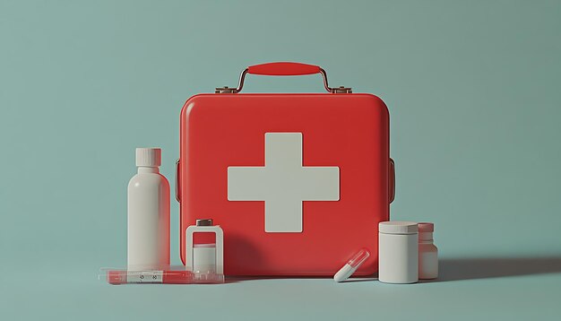 Photo red first aid kit with assorted medical supplies