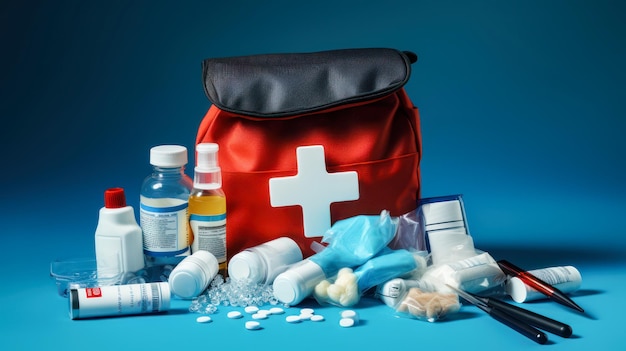 Red first aid kit with a cross with medicines