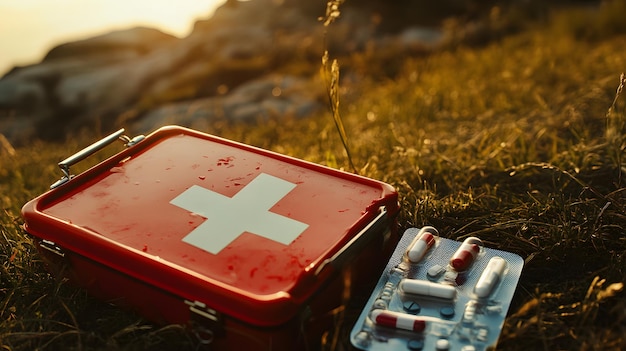 Photo a red first aid kit with a white cross sits on the ground with a pack of pills next to it