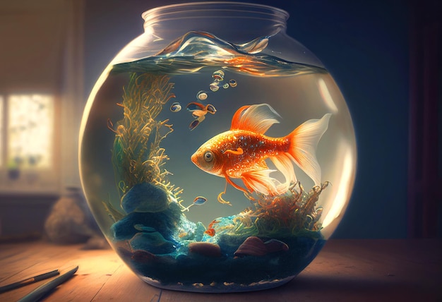 Red fish in a small round aquarium on the table Generative AI