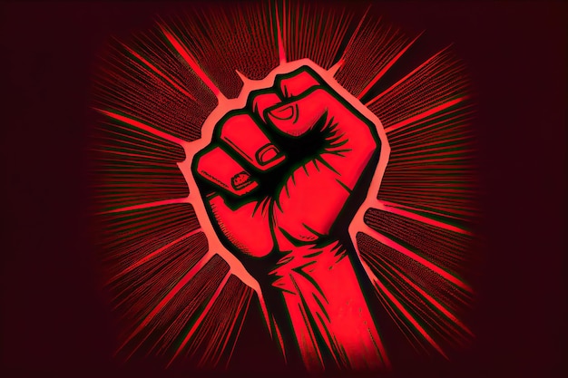 Red fist on a black background which is a wellknown symbol protest Bold striking image