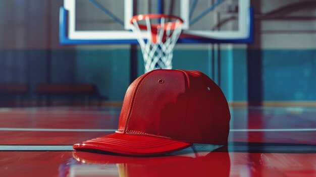 Photo red fitted cap on basketball hoop in dynamic setting photo