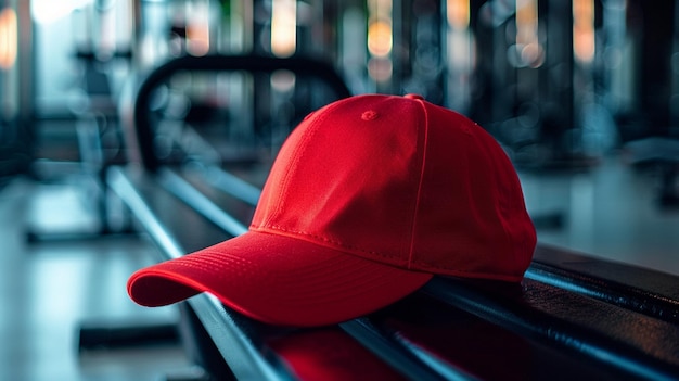 Photo red fitted cap gym bench background