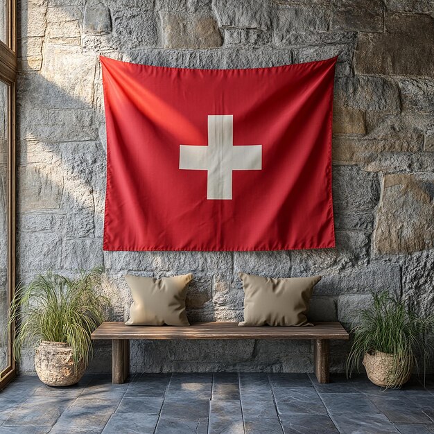 Photo a red flag with a white cross on it is hanging on a wall