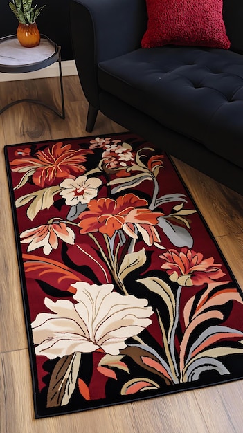 Red Floral Rug on Wood Floor with Black Sofa