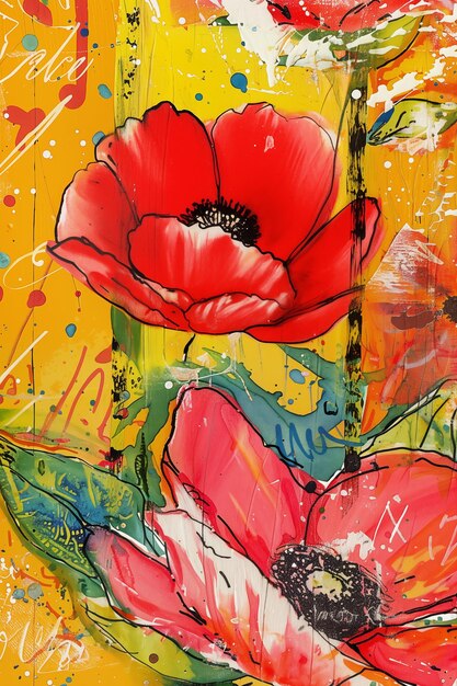 Photo red flower illustration on yellow background with artistic paint splatters and graffiti elements