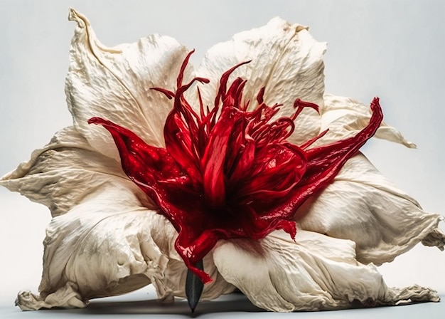 The red flower is sitting on a white background