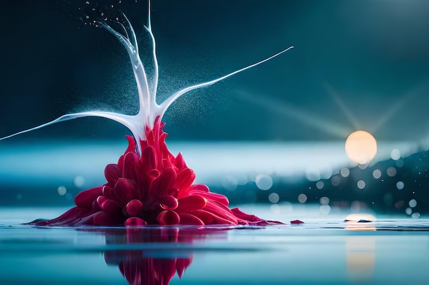 A red flower is in the water with a blue background.