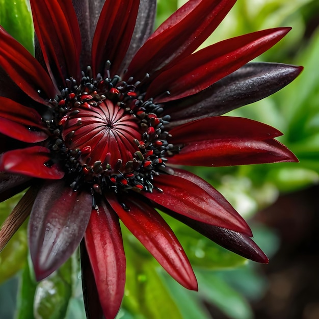 a red flower with black spots on it