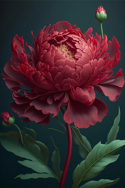 Red flower with green leaves on a dark background generative ai