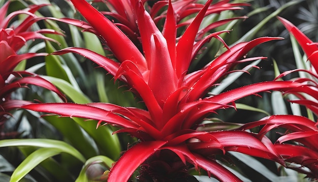 a red flower with green leaves and red tips