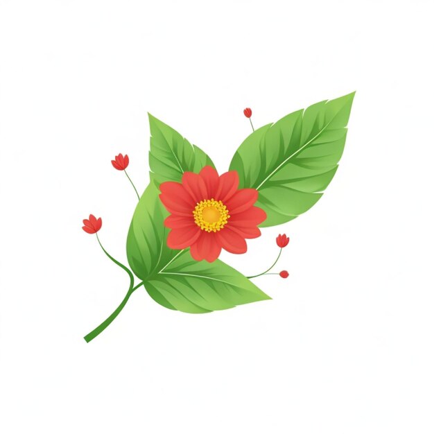 A red flower with green leaves on a white background