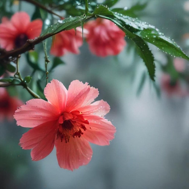 a red flower with rain drops on it