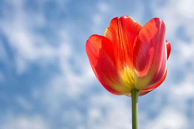 A red flower with a yellow center is standing in front of a blue sky