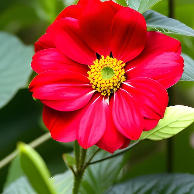 A red flower with a yellow center and a yellow center.