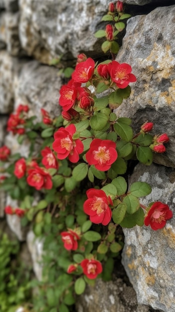 Red flowers on a stone wall with green leaves and the word " red " on the side.