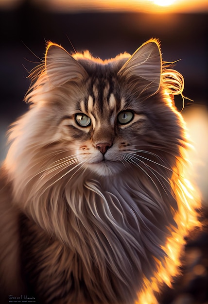 Photo red fluffy cat sits in a park in autumn sunny weather at sunset ai generated