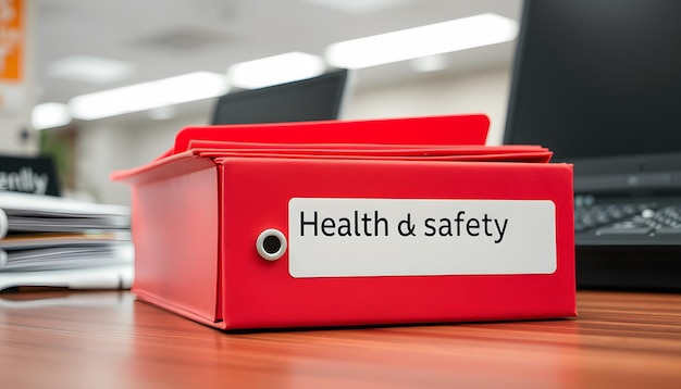 Red folders with health and safety written on the label on a desk with selective colour isolated