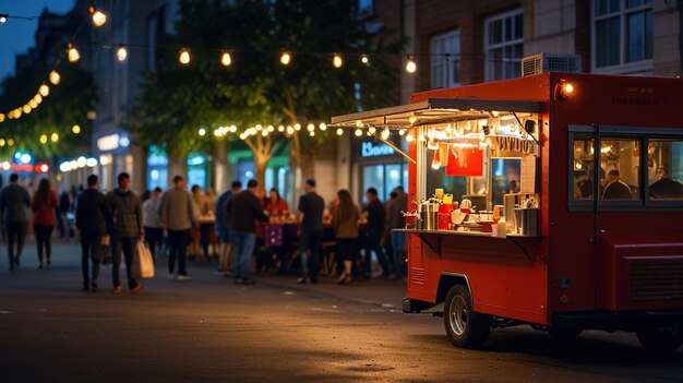 A red food truck at a bustling night market with people waiting in line to order food