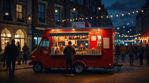 A red food truck is parked on a city street at night with people waiting in line to order String lights hang above the street and buildings in the background