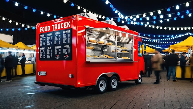 A red food truck with a menu board and a window displaying food is parked at a night market with a crowd of people around it