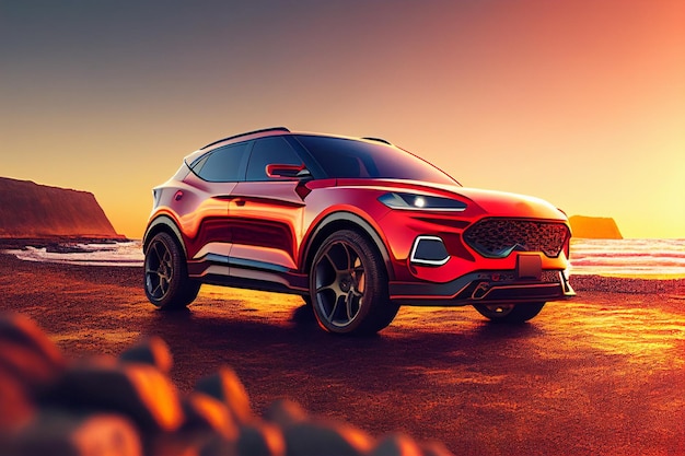 A red ford explorer is parked on a beach at sunset.