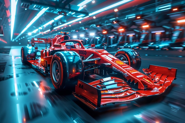 Red Formula 1 Race Car Under Neon Lights