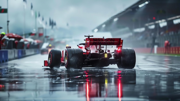 A red Formula 1 race car speeds through a wet track surrounded by a blur of motion